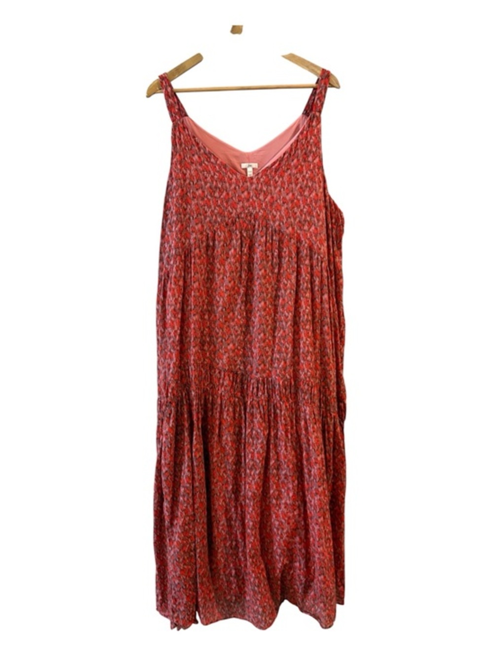 Joie XXL Coral Red Floral Print Tiered Swing  Cottagecore Midi Dress Boho